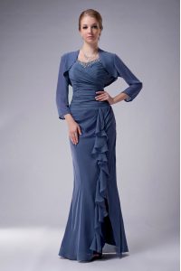 Blue Sleeveless Beading Floor Length Prom Party Dress