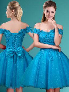 Aqua Blue Cap Sleeves Knee Length Lace and Belt Lace Up Dama Dress for Quinceanera