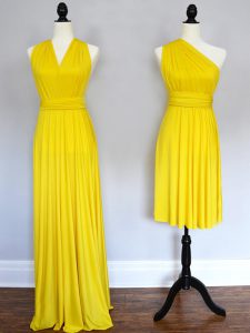 Affordable Yellow Halter Top Neckline Ruching Court Dresses for Sweet 16 Sleeveless Lace Up