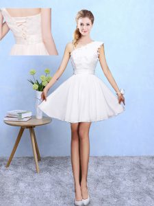 White Asymmetric Lace Up Appliques Vestidos de Damas Sleeveless