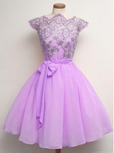 Fantastic Lilac Chiffon Lace Up Court Dresses for Sweet 16 Cap Sleeves Knee Length Lace and Belt