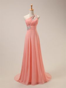 Nice Watermelon Red One Shoulder Zipper Beading Court Dresses for Sweet 16 Brush Train Sleeveless