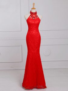 Customized Sleeveless Lace Floor Length Zipper Prom Gown in Red with Beading and Lace