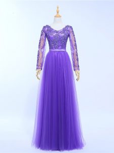 Lavender Empire V-neck Long Sleeves Tulle Floor Length Lace Up Lace and Appliques Prom Gown
