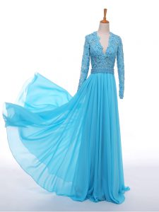 Luxury Empire Evening Dress Baby Blue V-neck Chiffon Long Sleeves Floor Length Zipper