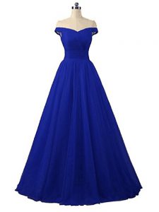 Off The Shoulder Sleeveless Tulle Prom Gown Ruching Lace Up