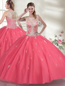 Sleeveless Organza Floor Length Zipper Sweet 16 Dress in Hot Pink with Beading