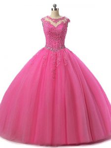 Hot Pink Sleeveless Tulle Lace Up Sweet 16 Dresses for Military Ball and Sweet 16 and Quinceanera