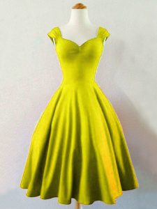 Straps Sleeveless Dama Dress for Quinceanera Knee Length Ruching Olive Green Taffeta
