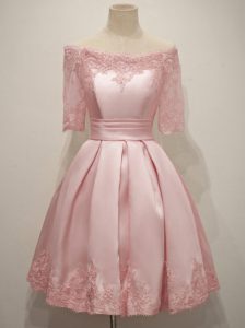 Fancy Pink A-line Taffeta V-neck Half Sleeves Lace Knee Length Lace Up Quinceanera Court Dresses
