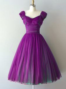 Fantastic Purple A-line Chiffon V-neck Cap Sleeves Ruching Knee Length Lace Up Quinceanera Dama Dress