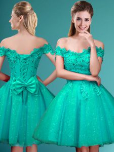 Knee Length Turquoise Damas Dress Tulle Cap Sleeves Lace and Belt
