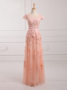Luxury Peach Empire Tulle Scoop Cap Sleeves Lace and Appliques and Belt Floor Length Lace Up Dress for Prom