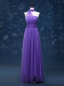 Lavender Empire Halter Top Sleeveless Tulle Floor Length Lace Up Ruching Dama Dress for Quinceanera