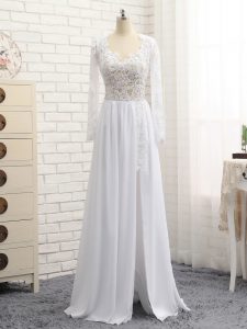 Empire Prom Dresses White V-neck Chiffon Long Sleeves Floor Length Zipper