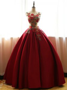 Wine Red Ball Gowns Scoop Sleeveless Taffeta Floor Length Lace Up Appliques 15th Birthday Dress