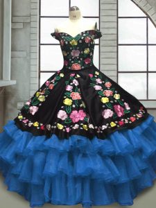 Simple Blue And Black Ball Gowns Organza and Taffeta Sweetheart Sleeveless Embroidery and Ruffled Layers Floor Length Lace Up Quinceanera Dress