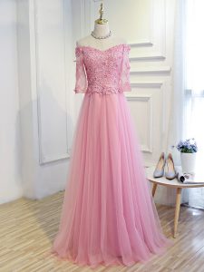 Captivating Tulle 3 4 Length Sleeve Floor Length Homecoming Dress and Beading and Lace and Appliques