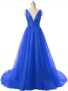 Royal Blue Organza Backless V-neck Sleeveless Prom Gown Brush Train Ruching
