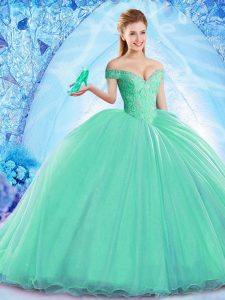 Stylish Turquoise Ball Gowns Organza Off The Shoulder Sleeveless Beading Lace Up Quinceanera Dresses Brush Train