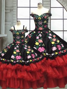 Embroidery and Ruffled Layers Ball Gown Prom Dress Red And Black Lace Up Sleeveless Floor Length