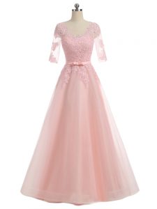 Floor Length Zipper Prom Dress Pink for Prom and Party and Military Ball with Lace and Appliques