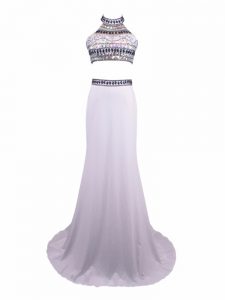 Sleeveless Chiffon Brush Train Zipper Prom Dresses in White with Beading