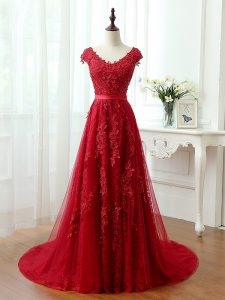 Cap Sleeves Brush Train Lace and Appliques Lace Up Prom Evening Gown