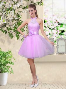 Sleeveless Lace Up Knee Length Lace and Belt Damas Dress