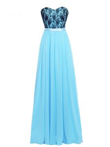 Graceful Floor Length Aqua Blue Homecoming Dress Chiffon Sleeveless Lace and Appliques