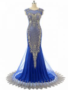 Dynamic Royal Blue Mermaid Tulle Scoop Sleeveless Beading and Lace and Appliques Side Zipper Prom Evening Gown