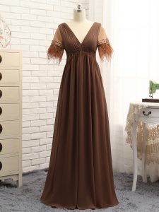 Free and Easy Floor Length Brown Prom Evening Gown Chiffon Sleeveless Beading and Ruching