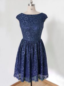 Lace Quinceanera Court of Honor Dress Royal Blue Lace Up Cap Sleeves Knee Length
