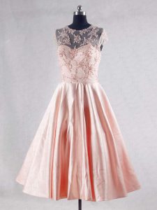 Custom Design Pink Sleeveless Knee Length Beading and Appliques Zipper Prom Gown