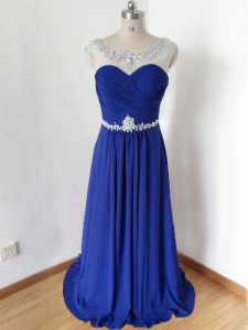 Fancy Royal Blue Chiffon Zipper Prom Dress Short Sleeves Floor Length Beading and Ruching