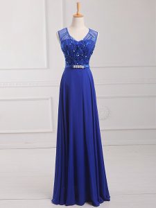 Trendy Scoop Sleeveless Prom Dress Floor Length Beading and Belt Royal Blue Chiffon