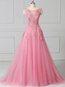Pink Lace Up Scoop Appliques Prom Dress Tulle Sleeveless Brush Train