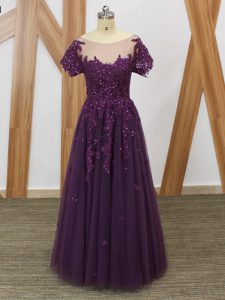 Fantastic Lace and Appliques Prom Gown Purple Zipper Short Sleeves Floor Length