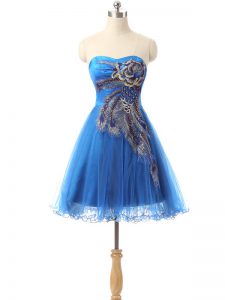 Amazing A-line Dress for Prom Blue Sweetheart Tulle Sleeveless Mini Length Side Zipper