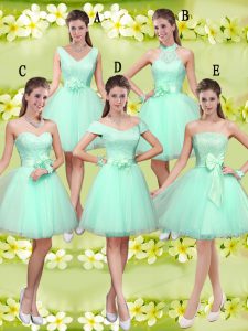Chic Apple Green A-line Lace and Belt Dama Dress for Quinceanera Lace Up Tulle Sleeveless Knee Length