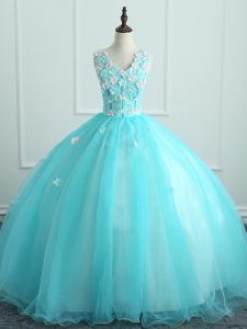 Fantastic Aqua Blue Ball Gowns V-neck Sleeveless Organza Floor Length Lace Up Appliques Sweet 16 Dress