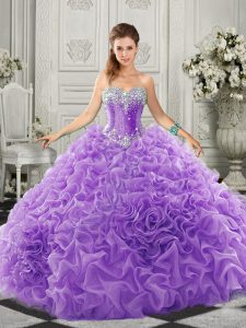Sleeveless Beading and Ruffles Lace Up Quinceanera Gown with Lavender Court Train