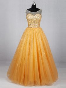 Traditional Gold A-line Tulle Scoop Sleeveless Beading and Sequins Floor Length Lace Up Prom Party Dress
