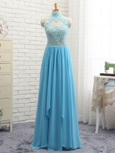 Customized Sleeveless Chiffon Floor Length Backless Prom Gown in Baby Blue with Lace