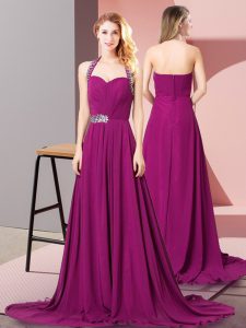 Fuchsia Sleeveless Beading and Ruching Zipper Prom Evening Gown