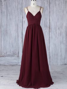 Wonderful Burgundy Empire Straps Sleeveless Chiffon Floor Length Zipper Appliques Quinceanera Court Dresses