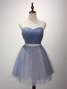 Shining Blue A-line Sweetheart Sleeveless Tulle Mini Length Lace Up Beading and Ruching Damas Dress