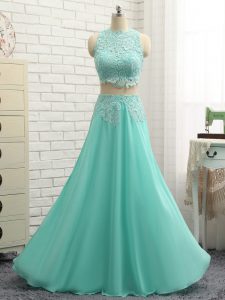 Unique Apple Green Side Zipper High-neck Lace and Appliques Prom Party Dress Chiffon Sleeveless