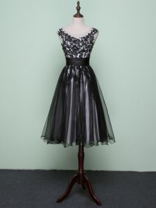Top Selling Scoop Sleeveless Prom Gown Knee Length Lace and Appliques Black Tulle