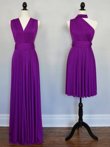 Charming Floor Length Purple Quinceanera Dama Dress Halter Top Sleeveless Lace Up